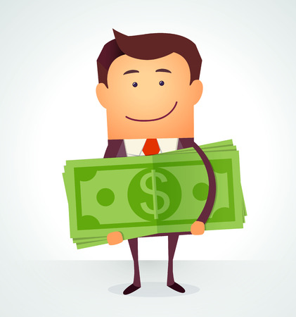 Happy man embracing pack of green money dollars with both hand and smiling. Success and win in a lottery conceptのイラスト素材