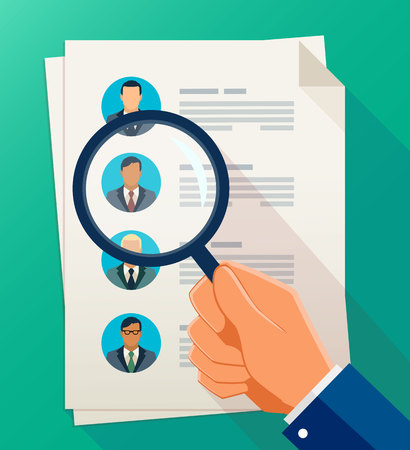 Vector concept of human resources management, professional staff research, head hunter job with magnifying glass. Human resources illustration in flat styleのイラスト素材