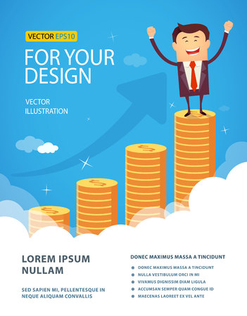 Successful happy business man standing on huge growth money stairs in sky. Success financial rich concept. Business concept cartoon vector illustration. Flat styleのイラスト素材