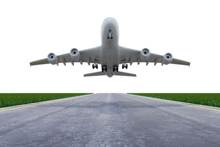 Airplane lifting up on the runway with white skyのeditorial素材