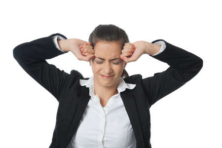 Asien Businesswoman with two fists an head isolated on whiteの写真素材