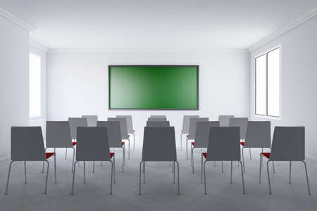 Meeting room with board and many chairsの写真素材