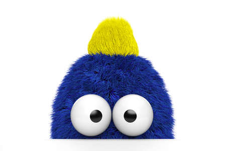 Funny blue fur guy with yellow hair on white backgroundの写真素材