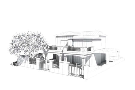 Architectural visualization of a villa with garden and treeの写真素材