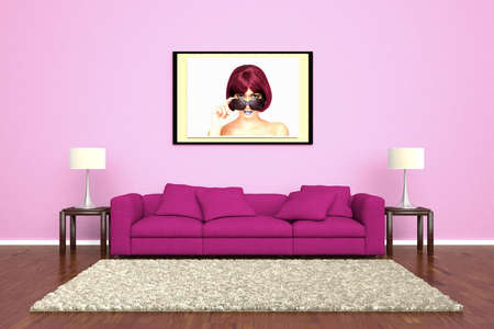 Pink sofa with picture attached to wall and brown carpetの写真素材