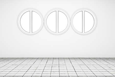 Empty white room with three round windowsの写真素材