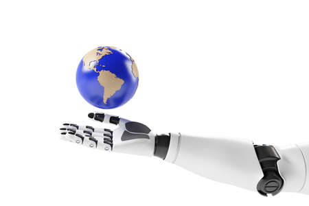 Hand of a robot with earth on white backgroundの写真素材