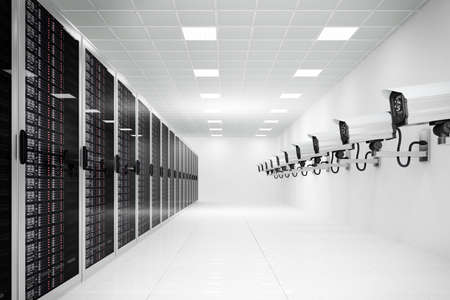 datacenter with cctv camera in a long row