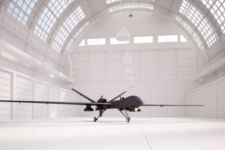 Comabt drone in white hangar ready for flightの写真素材