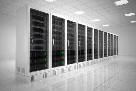 Datacenter with one row of computers in white room