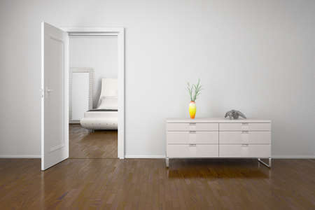 Interior with open door and cabin with decorationの写真素材