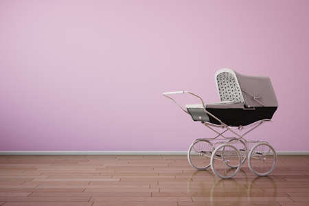 Baby stroller on pink wall with wooden floor