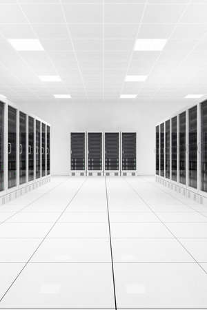 data center with two rows of computers in white room