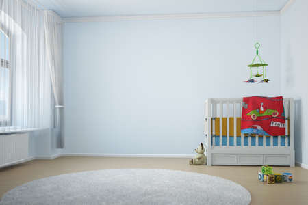 Nursery room with crip toys and window with curtain