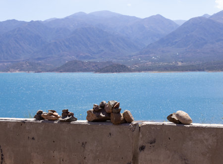 Pyramid of balanced stones or tower of stacked stones or mountain stones. Stones arranged for meditation. Represent the Zen spirit.の写真素材