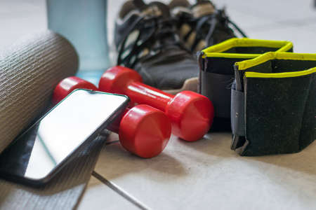 Exercise at home. Tennis, yoga mat, dumbbells and cell phone to exercise at home.の写真素材