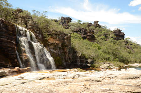 Waterfall in Rio Preto State Park in Minas Gerais at Cachoeira da Semper-Viva (translate to Always-Alive Waterfall, with is the popular name of Actinocephalus polyanthus)の写真素材