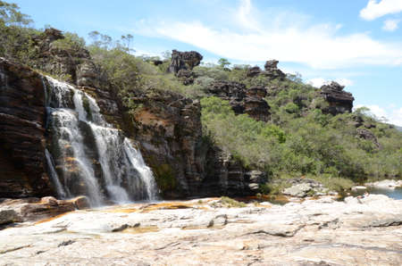 Waterfall in Rio Preto State Park in Minas Gerais at Cachoeira da Semper-Viva (translate to Always-Alive Waterfall, with is the popular name of Actinocephalus polyanthus)の写真素材