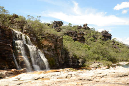 Waterfall in Rio Preto State Park in Minas Gerais at Cachoeira da Semper-Viva (translate to Always-Alive Waterfall, with is the popular name of Actinocephalus polyanthus)の写真素材