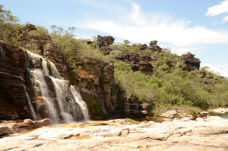 Waterfall in Rio Preto State Park in Minas Gerais at Cachoeira da Semper-Viva (translate to Always-Alive Waterfall, with is the popular name of Actinocephalus polyanthus)の写真素材