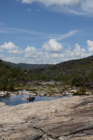 River and view in Rio Preto State Park in Minas Gerais at Cachoeira da Semper-Viva (translate to Always-Alive Waterfall, with is the popular name of Actinocephalus polyanthus)の写真素材