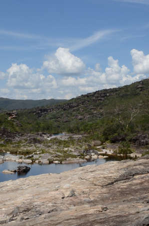 River and view in Rio Preto State Park in Minas Gerais at Cachoeira da Semper-Viva (translate to Always-Alive Waterfall, with is the popular name of Actinocephalus polyanthus)の写真素材