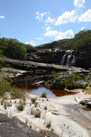 Waterfall in Rio Preto State Park in Minas Gerais at Cachoeira da Semper-Viva (translate to Always-Alive Waterfall, with is the popular name of Actinocephalus polyanthus)の写真素材