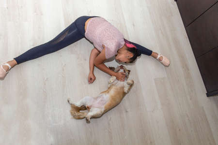 Aerial shot of teenager pampering her pet in her living room while practicing ballet, dance, yoga, gymnasticsの写真素材