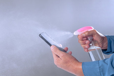 Close-up of hands disinfecting a cell phone or smartphone with an alcohol gel spray making a splasy of drops of liquid on gray background. Disinfection and biosecurity conceptの写真素材