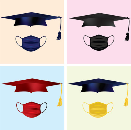 Illustrations of graduation caps and masks of different colors combined on flat backgrounds. Graduation, prevention and social distancing conceptのイラスト素材
