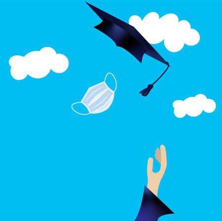 Illustration of student hand throwing his cap and mask in the air on a sky background with clouds. Graduation concept with social distancing in pandemic.のイラスト素材