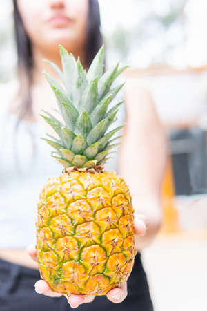 Close-up vertical shot with selective focus of a pineapple being held by a woman in her hand. Fruit...