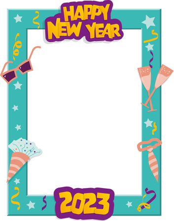 Photo Booth Frame Concept Happy New Year 2023 Turquoise Yellow and Purple Color in Vectorのイラスト素材