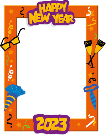Photo booth frame vector Happy New Year orange, yellow and purple color. new year 2023のイラスト素材
