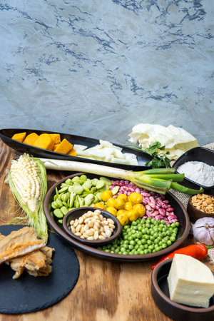 Ingredientes para preparar fanesca con fondo para copy spaceの写真素材