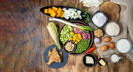 overhead shot of grains, legumes, cod and other ingredients to prepare fanesca, a traditional Ecuadorian soup at Easterの写真素材