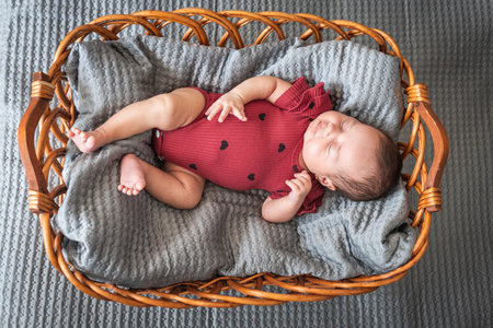 Sweet baby asleep in a basket in red dressの写真素材