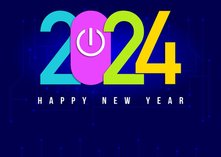 New year 2024 illustration in vector with numbers in light blue, fuchsia, green and yellow colors on technological blue background as a chipのイラスト素材