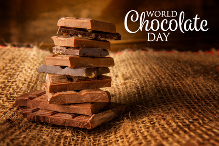 World chocolate day celebration poster. Pile of chocolate pieces on rustic background