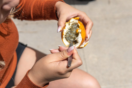 close-up of woman's hands taking food from a passion fruit with a spoon in the yard