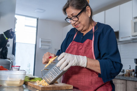 Senior adult Latina woman grating green onion with grater in kitchen while black cat watches her. Woman smiles while cookingの写真素材