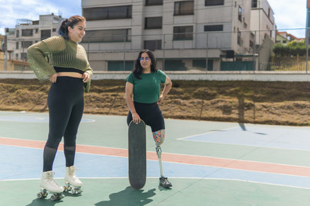 Two friends, one with a prosthetic leg and skateboard and the other with roller skates, enjoying a...