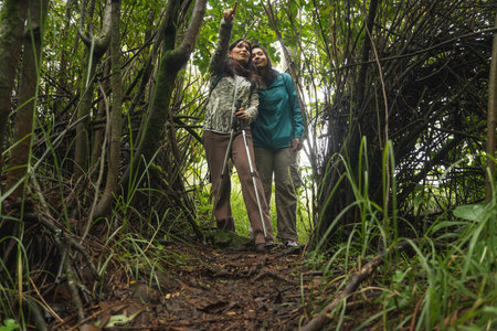 Two women friends hiking on a muddy forest trail, one pointing up through dense vegetationの写真素材