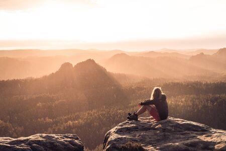 Woman At the top of the National Park Saxon Switzerlandの写真素材
