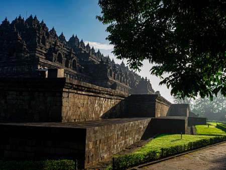 Borobudur temple Yogyakarta indonesia Java view early in the morning lonely from the sideの写真素材