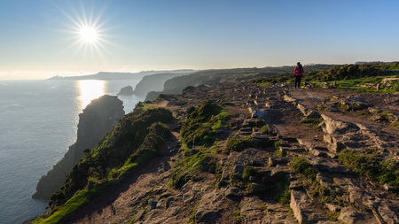 Cap Frehel sunrise on the cliff during the hiking. Starlight over the seaの写真素材