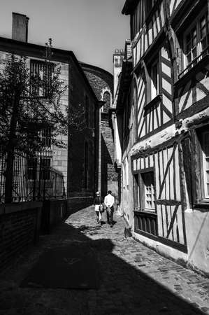 Black and white, people walk in Rennes downtown. strong contrastの写真素材