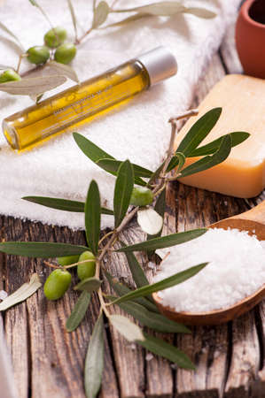 Natural spa setting with olive and olive oil products bath saltの写真素材
