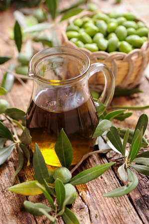 green olives and oilの写真素材