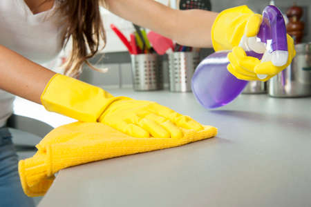 Woman cleaning the counter in the kitchen